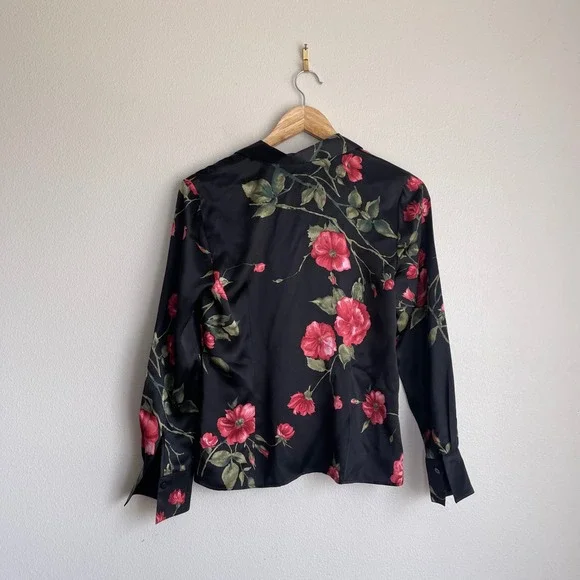 Vintage 90s Kate Hill Petite 100% Silk Floral Print Long Sleeve Blouse - Picture 7 of 9
